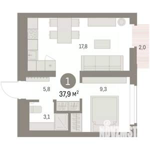 1-к квартира, вторичка, 38м2, 7/9 этаж