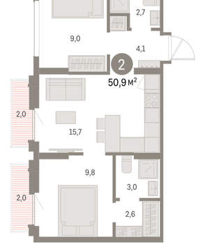 2-к квартира, вторичка, 51м2, 9/9 этаж