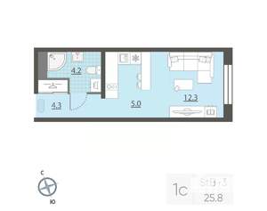 Студия квартира, вторичка, 26м2, 9/25 этаж
