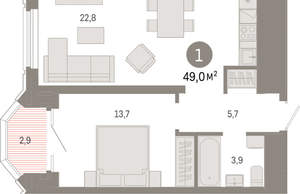 1-к квартира, вторичка, 49м2, 15/24 этаж
