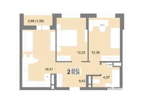 2-к квартира, вторичка, 55м2, 18/22 этаж