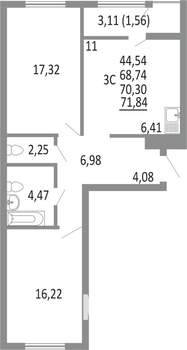 3-к квартира, вторичка, 70м2, 15/25 этаж