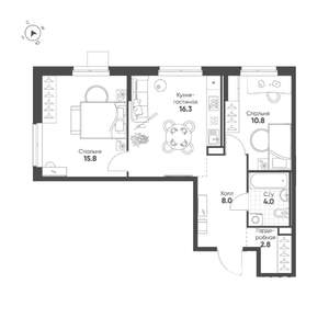 2-к квартира, строящийся дом, 58м2, 12/16 этаж