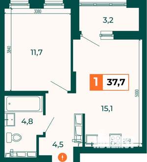 1-к квартира, строящийся дом, 38м2, 8/25 этаж
