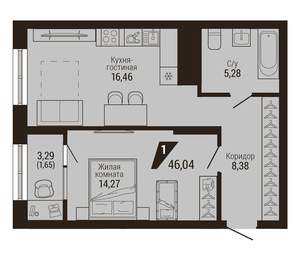 1-к квартира, вторичка, 46м2, 23/23 этаж
