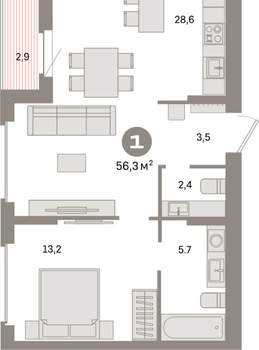 1-к квартира, вторичка, 56м2, 9/9 этаж