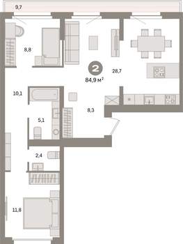 2-к квартира, вторичка, 85м2, 8/9 этаж