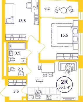 2-к квартира, вторичка, 63м2, 12/32 этаж