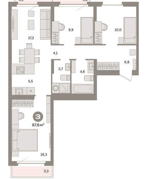 3-к квартира, вторичка, 88м2, 8/16 этаж