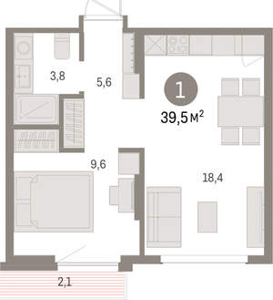 1-к квартира, вторичка, 39м2, 5/9 этаж