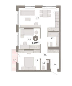 2-к квартира, вторичка, 65м2, 11/25 этаж