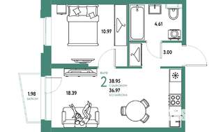 2-к квартира, строящийся дом, 39м2, 18/20 этаж