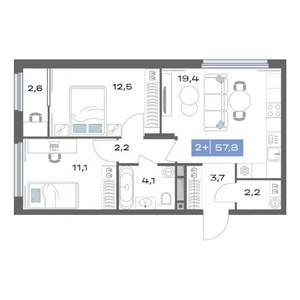 2-к квартира, строящийся дом, 58м2, 6/20 этаж