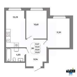 2-к квартира, вторичка, 51м2, 16/32 этаж