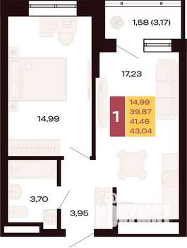 1-к квартира, вторичка, 43м2, 13/30 этаж