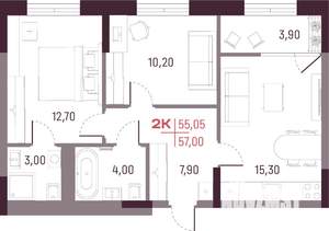 2-к квартира, строящийся дом, 55м2, 24/25 этаж