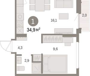1-к квартира, вторичка, 35м2, 8/9 этаж