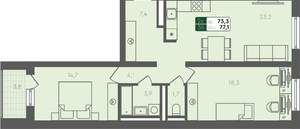 2-к квартира, вторичка, 77м2, 1/2 этаж