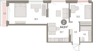 2-к квартира, вторичка, 64м2, 8/9 этаж
