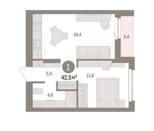 1-к квартира, вторичка, 43м2, 9/16 этаж