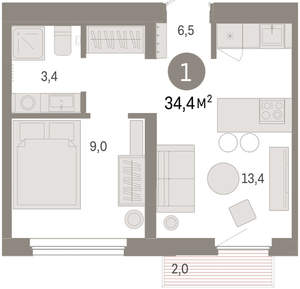 1-к квартира, вторичка, 34м2, 5/9 этаж