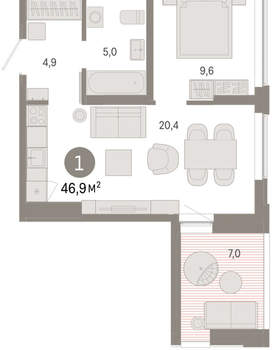 1-к квартира, вторичка, 47м2, 8/16 этаж