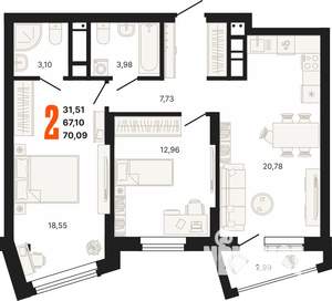 2-к квартира, строящийся дом, 70м2, 19/25 этаж