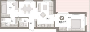 2-к квартира, вторичка, 101м2, 8/9 этаж
