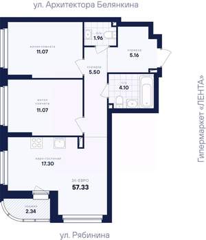 2-к квартира, вторичка, 57м2, 25/26 этаж