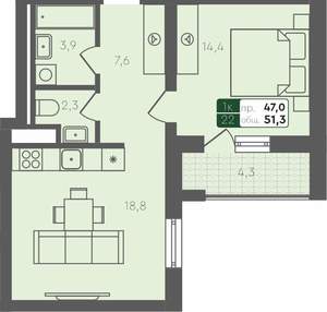1-к квартира, вторичка, 51м2, 1/2 этаж