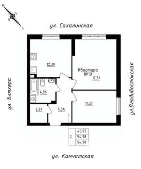 2-к квартира, строящийся дом, 55м2, 1/25 этаж