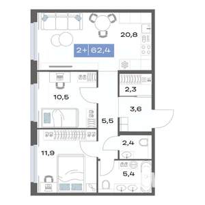 2-к квартира, строящийся дом, 62м2, 4/17 этаж