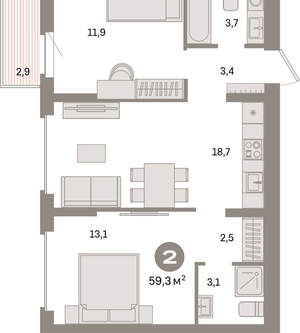 2-к квартира, вторичка, 59м2, 3/9 этаж