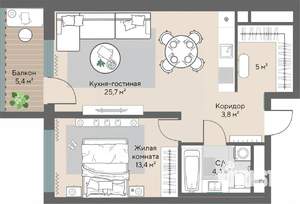 1-к квартира, строящийся дом, 54м2, 5/28 этаж