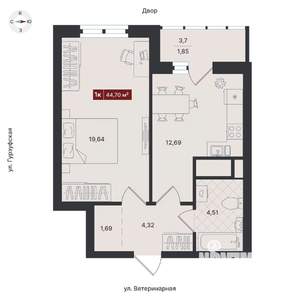 1-к квартира, вторичка, 45м2, 8/24 этаж