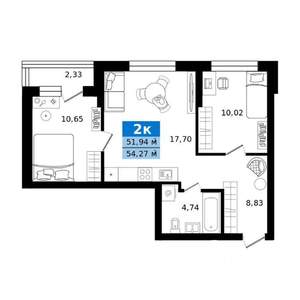 2-к квартира, строящийся дом, 54м2, 6/27 этаж