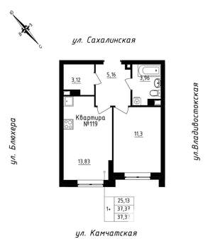 1-к квартира, строящийся дом, 37м2, 10/25 этаж