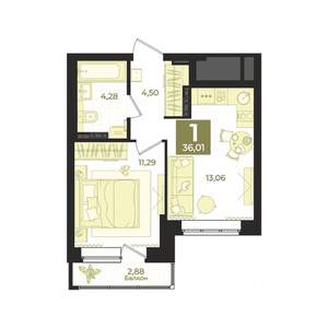 1-к квартира, строящийся дом, 36м2, 2/9 этаж