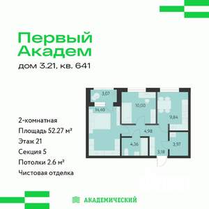 2-к квартира, вторичка, 52м2, 21/25 этаж