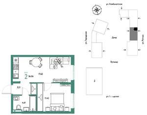 2-к квартира, строящийся дом, 37м2, 5/24 этаж