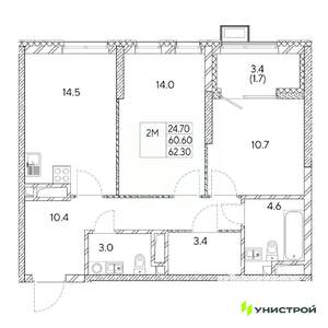 2-к квартира, вторичка, 62м2, 23/31 этаж