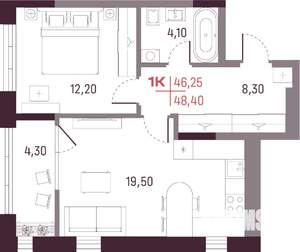 1-к квартира, вторичка, 46м2, 15/25 этаж