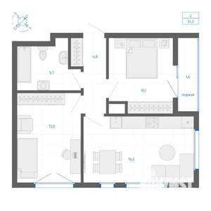 2-к квартира, вторичка, 51м2, 7/15 этаж