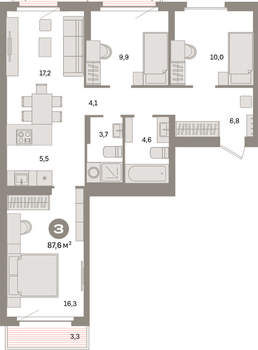 3-к квартира, вторичка, 88м2, 8/16 этаж