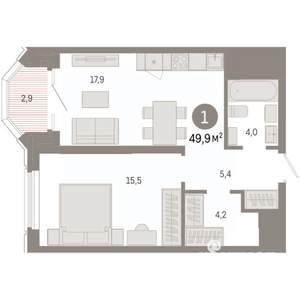 1-к квартира, вторичка, 50м2, 16/24 этаж