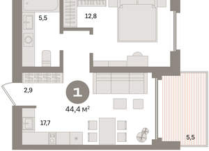 1-к квартира, вторичка, 44м2, 11/24 этаж