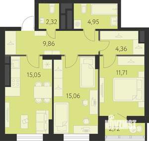 2-к квартира, строящийся дом, 65м2, 21/31 этаж