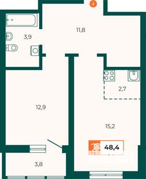 2-к квартира, строящийся дом, 48м2, 24/25 этаж