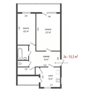 2-к квартира, вторичка, 51м2, 6/9 этаж