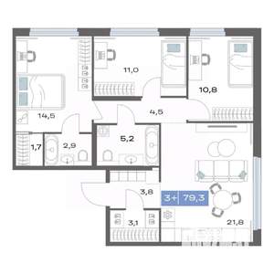 3-к квартира, строящийся дом, 79м2, 2/25 этаж